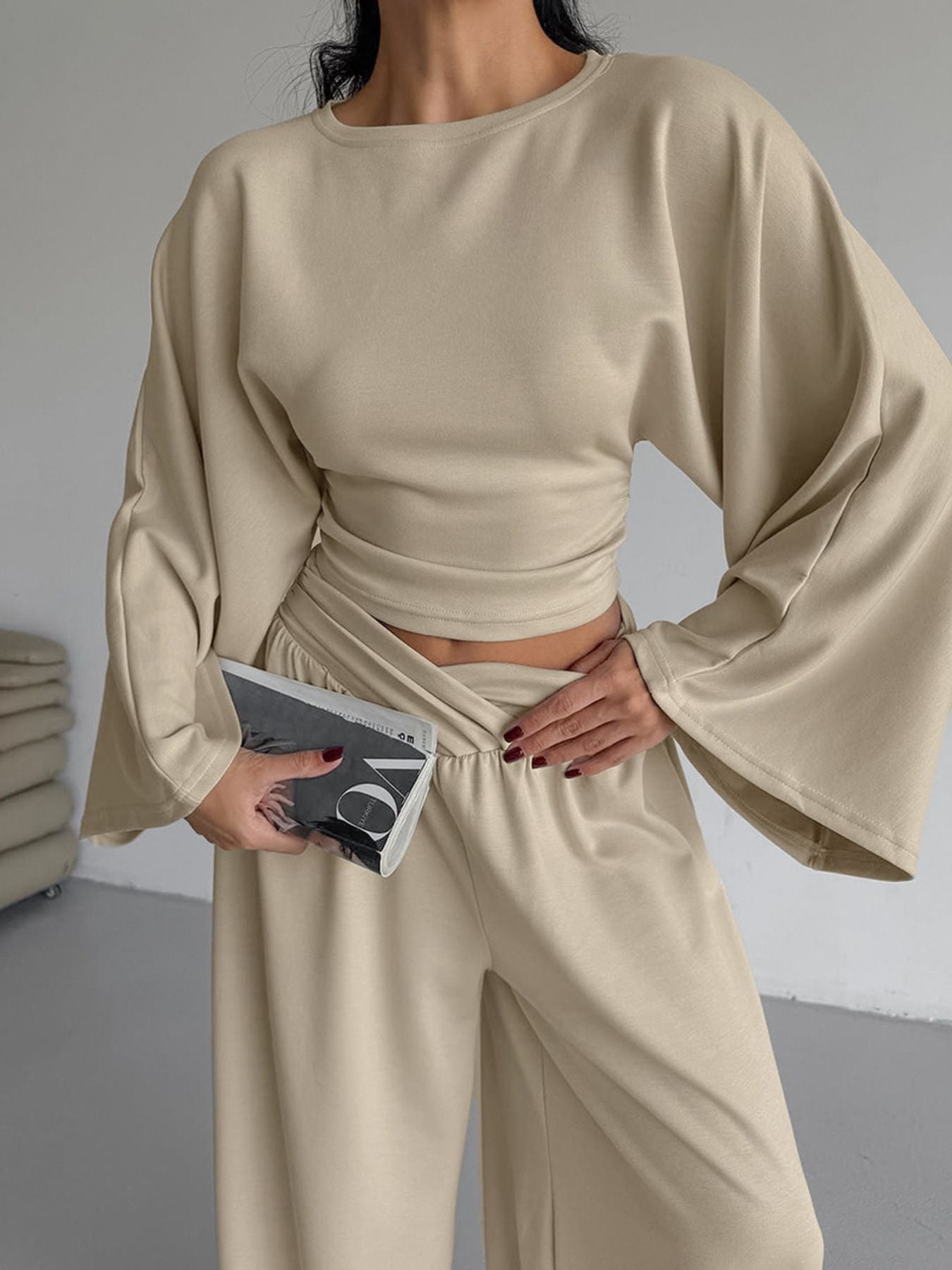 Round Neck Top and Wide Leg Pants Set - Girly Tea